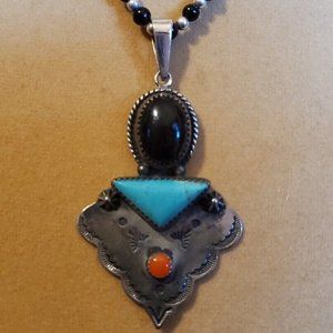Native American Turquoise Sterling Silver Pendant Bead Necklace Vintage